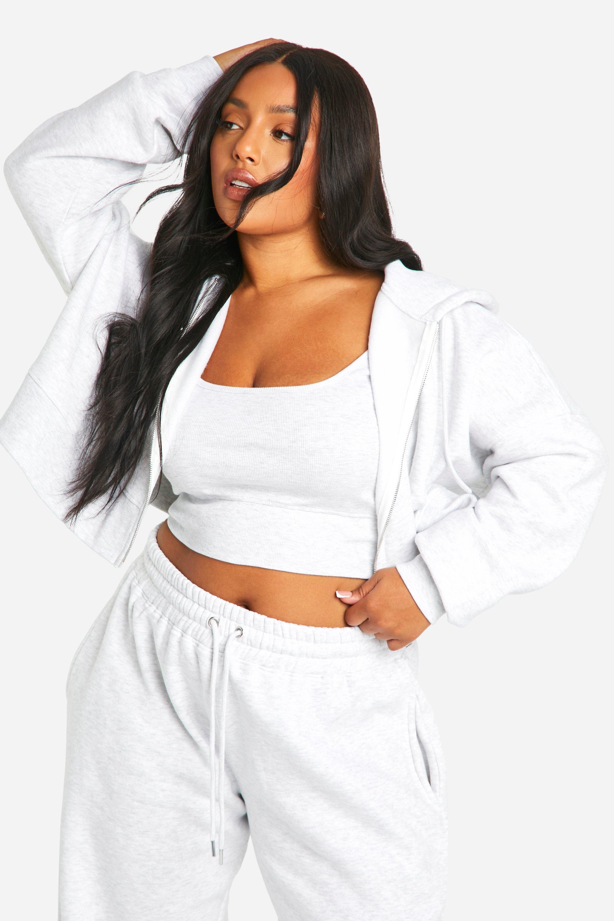 Plus Deep Hem Crop Top 3 Piece Hooded Tracksuit boohoo